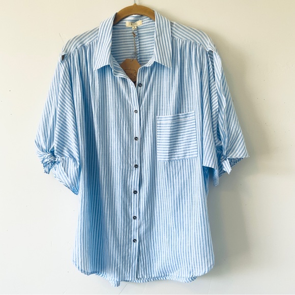 NWT Pin Striped Button Front Shirt Size Small Open Tie Sleeve Collared Pocket - Picture 2 of 16